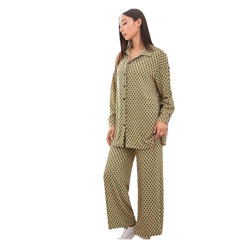 Shein Two Piece Button Up Shirt Wide Leg Pants Size Small